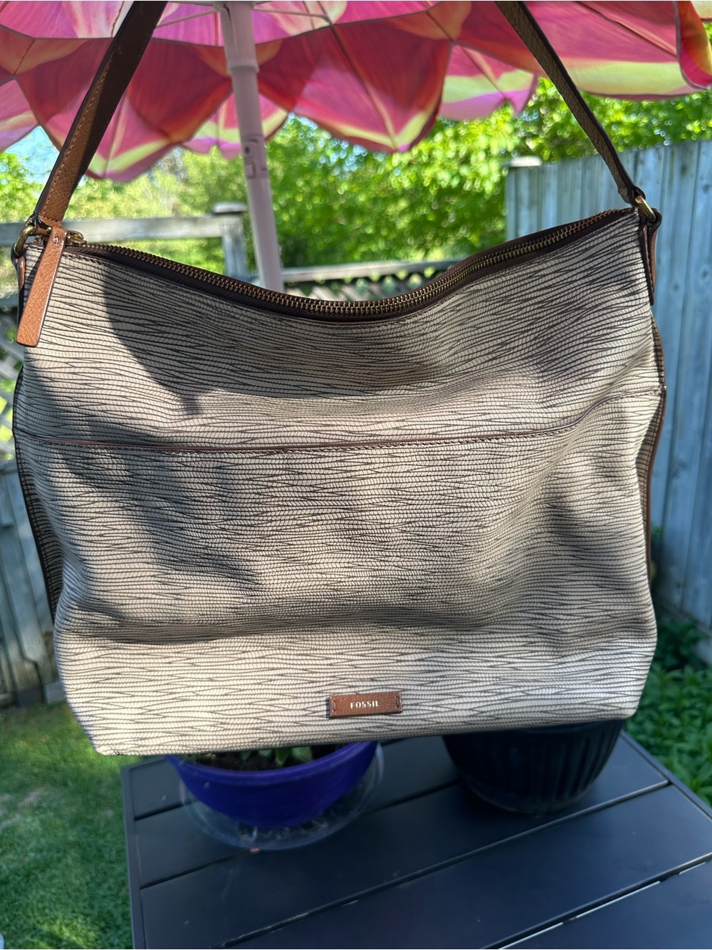 Fossil Neutral Striped Canvas Hobo with Brown Leather Trim